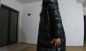 Preview- Cum play on my new long Black shiny and Puffy Jacket 184