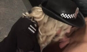 Patting the suspect excites the cop milf with big boobs so she grabs his big cock before banging