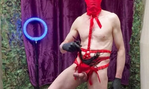 Solo Masturbation With Kinky Red Harness And Cock Squirting