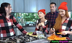 FamilyOrgasm - Easygoing Father Goes to the Kitchen While the Girls Cook